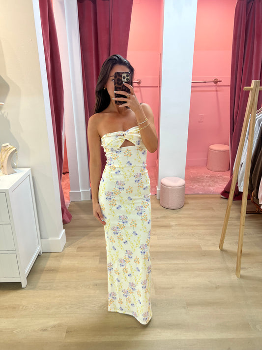 Molly Floral Ribbed Cutout Twist Maxi Dress in Yellow