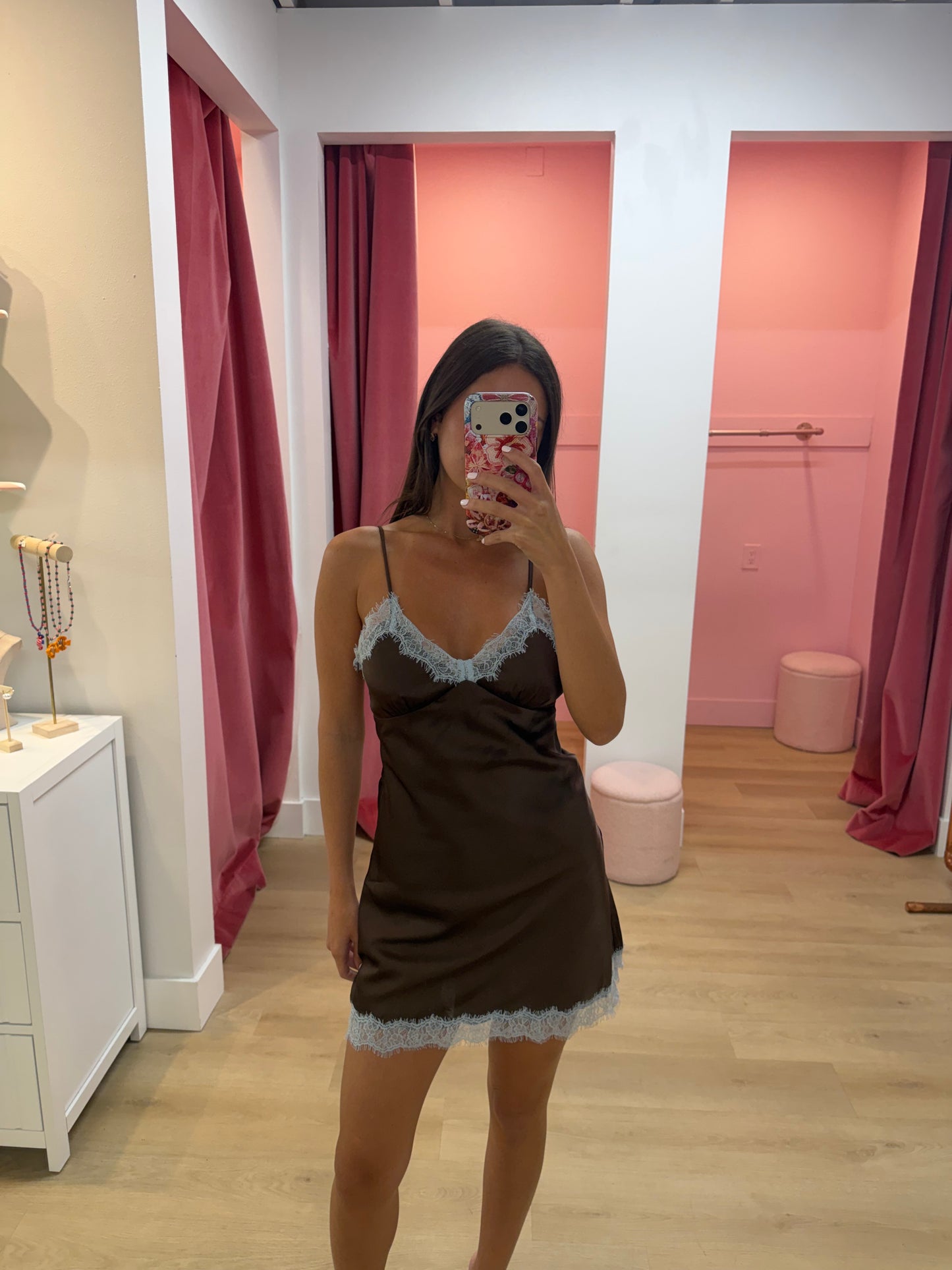 Elsie Slip Mini Dress - Chocolate/Blue