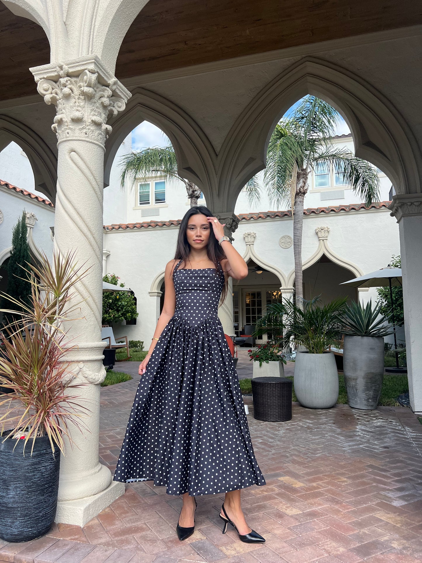 Tatum Polka Dot Halter Midi Dress - Black