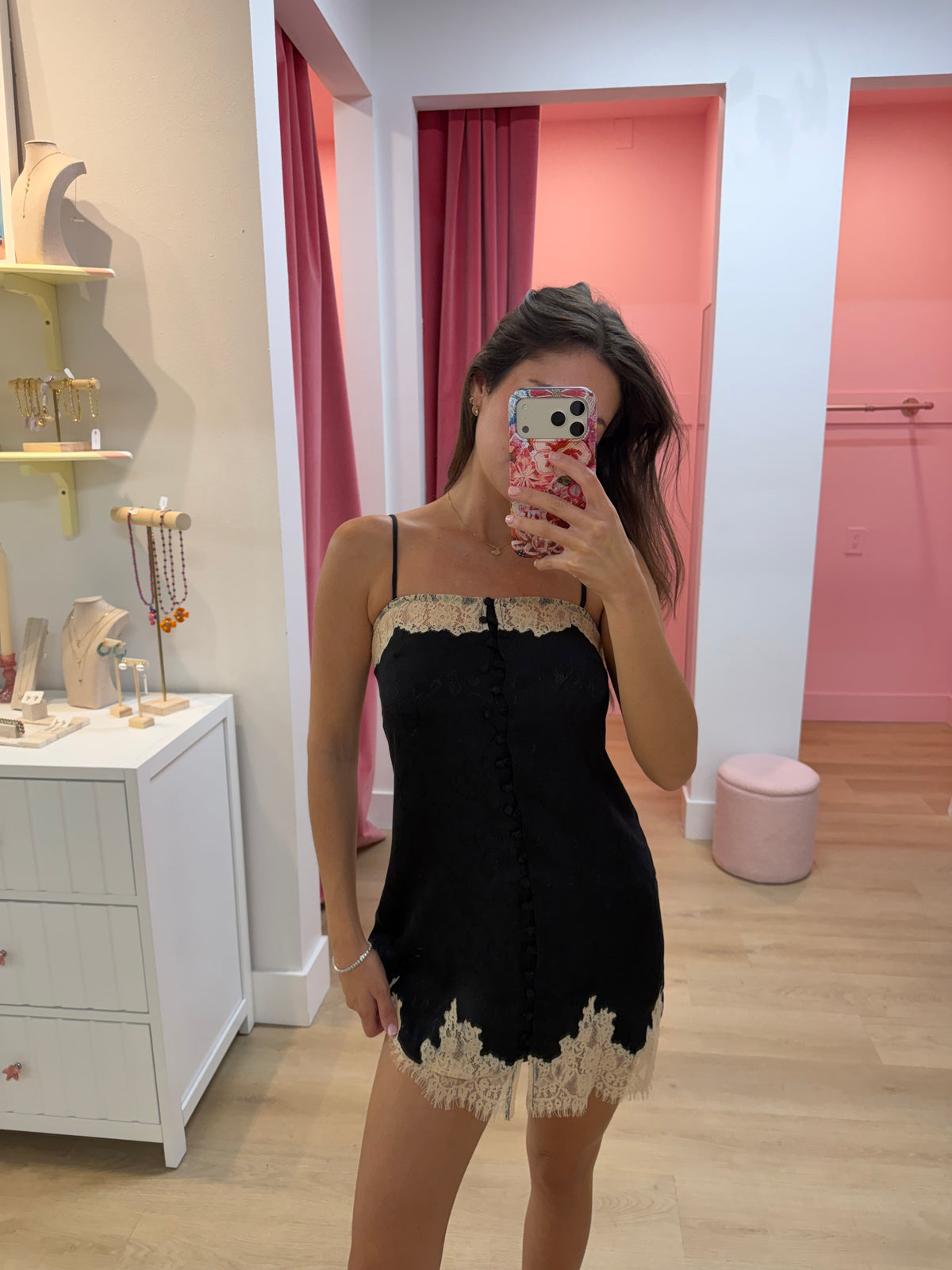 Josie Lace Trim Slip Mini Dress - Black/Cream