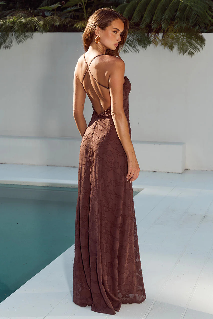 ELLERBY FRILL TRIM MAXI DRESS - CHOCOLATE
