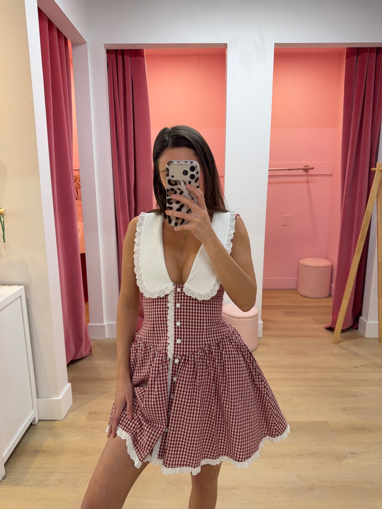 Dorothy Gingham Eyelet Lace Trim Mini Dress