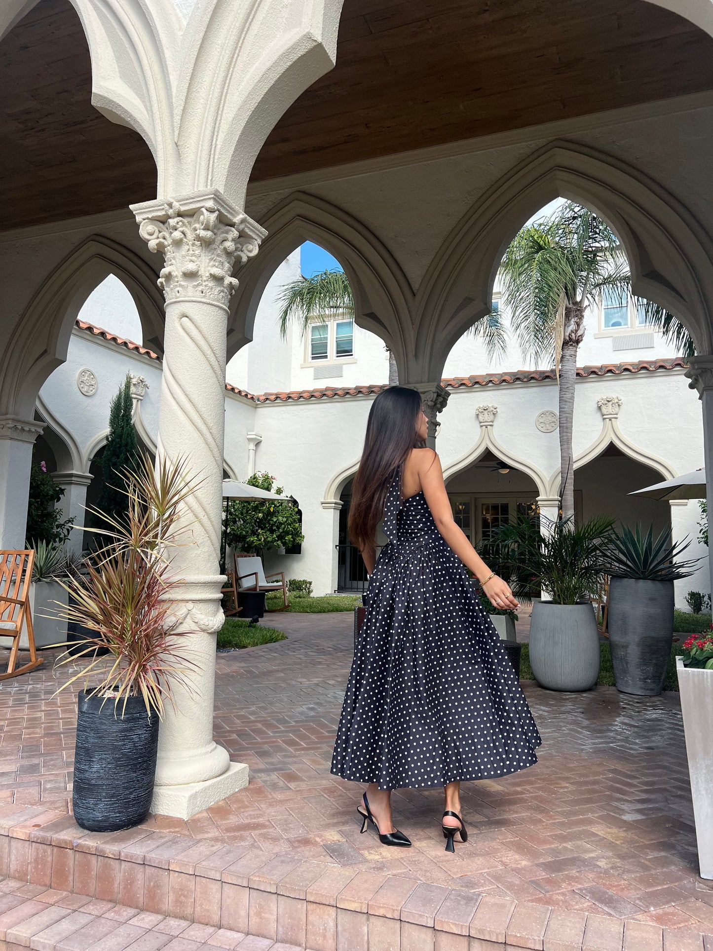 Tatum Polka Dot Halter Midi Dress - Black