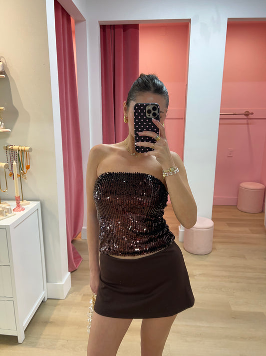 ANETTE STRAPLESS SEQUIN BUSTIER - CHOCOLATE
