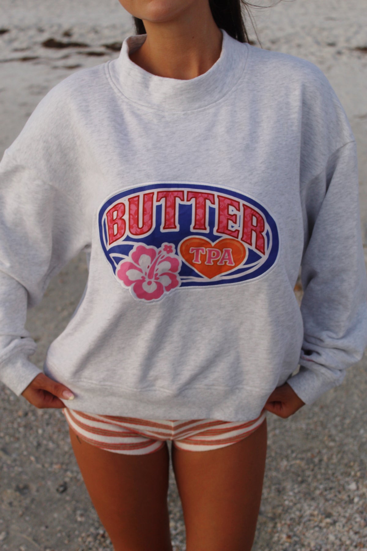 ‘BUTTER’ Terry Funnel Neck Pullover - Hibiscus