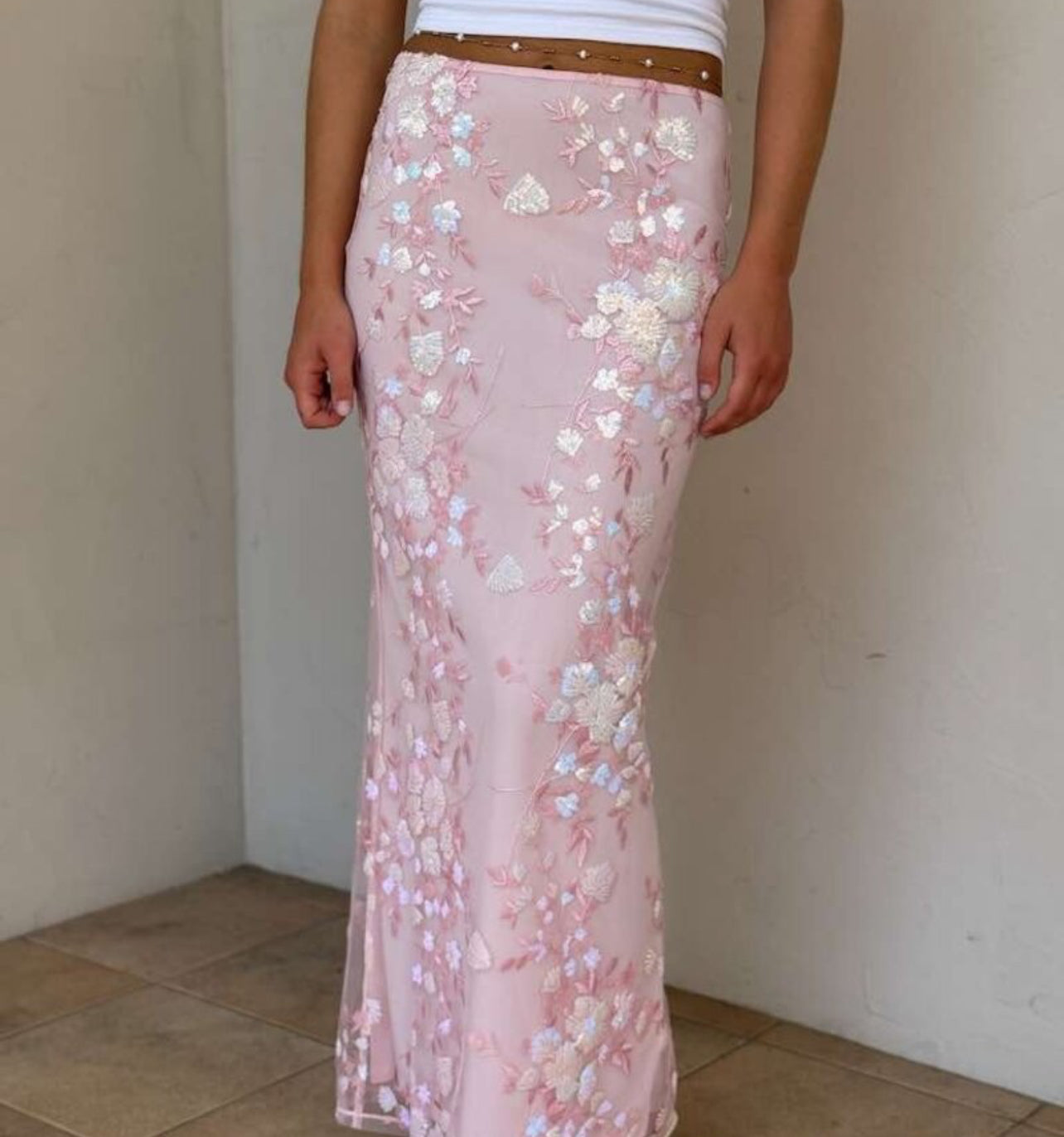 Alora Sequin Floral Maxi Skirt in Pink