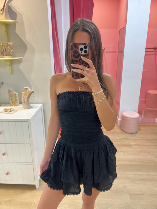 Maria Eyelet Smocked Tube Mini Dress- Black