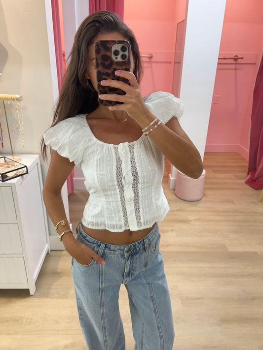 Keira Eyelet Bell Sleeve Top- White