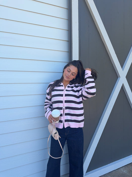Colby Double Zip Hoodie Sweater - Pink