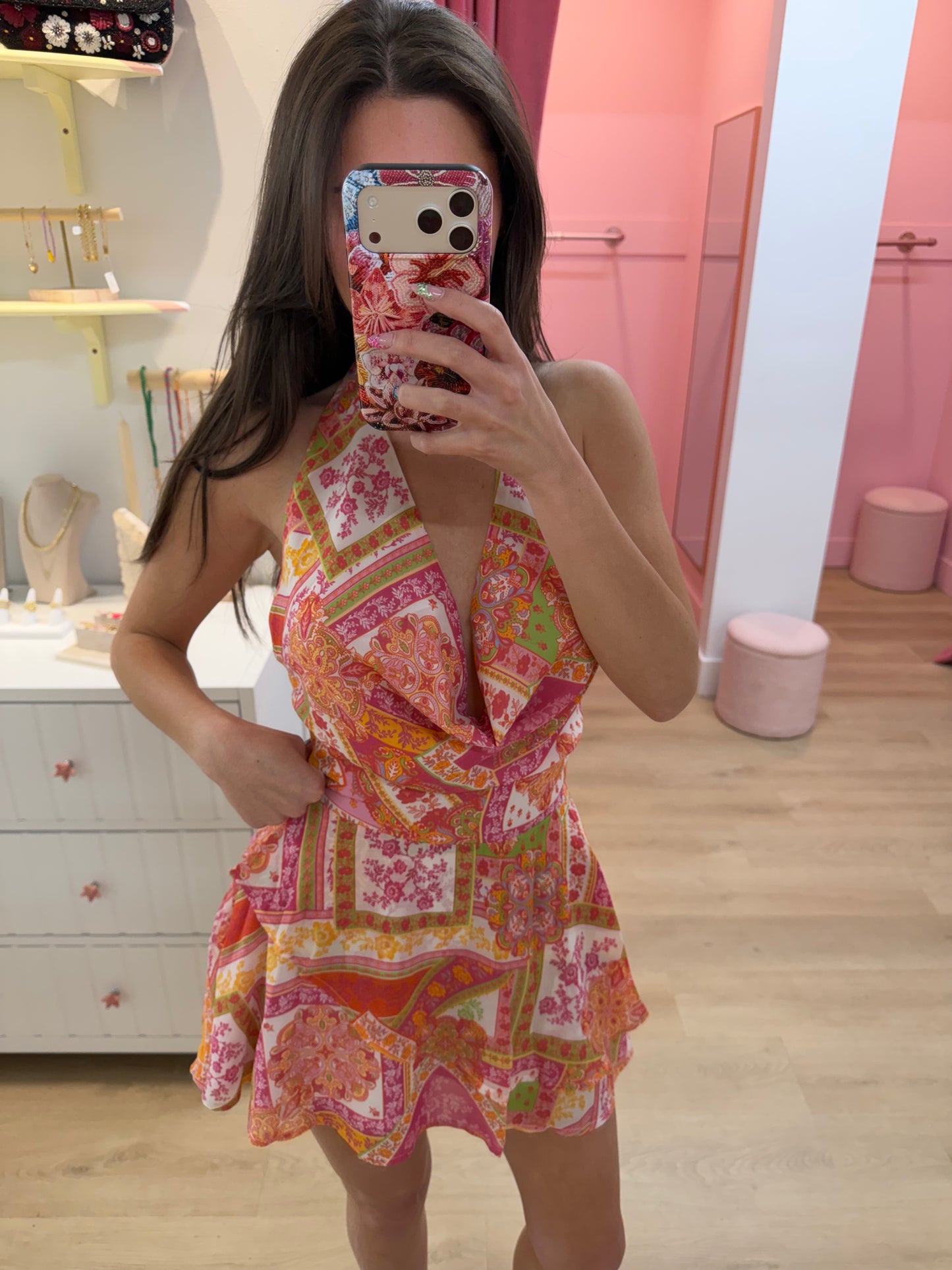 IMALI HALTER COWL MINI DRESS - CAVELLO PEACH