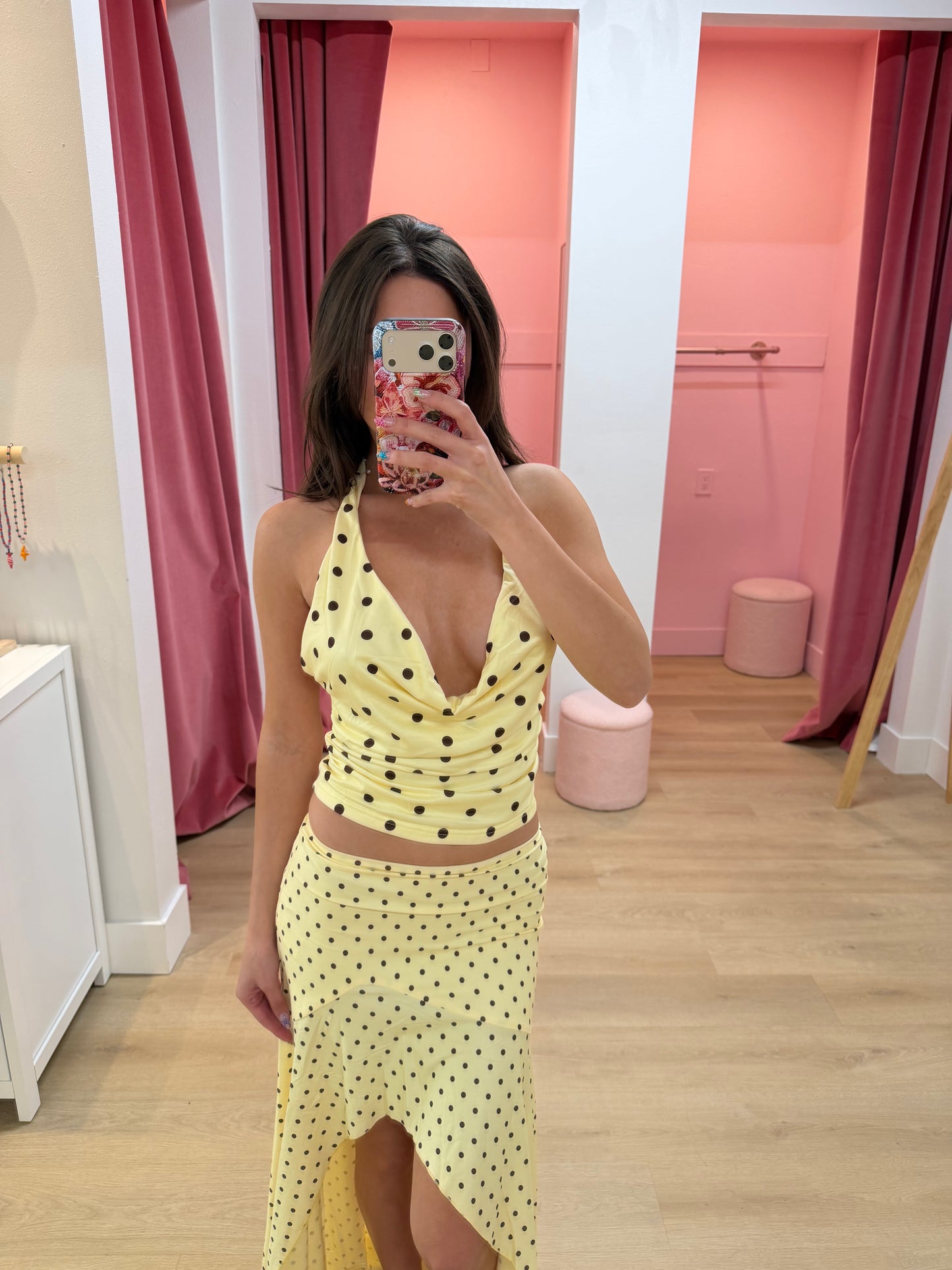 Evermore HALTER COWL TOP - LEMON/CHOC POLKA