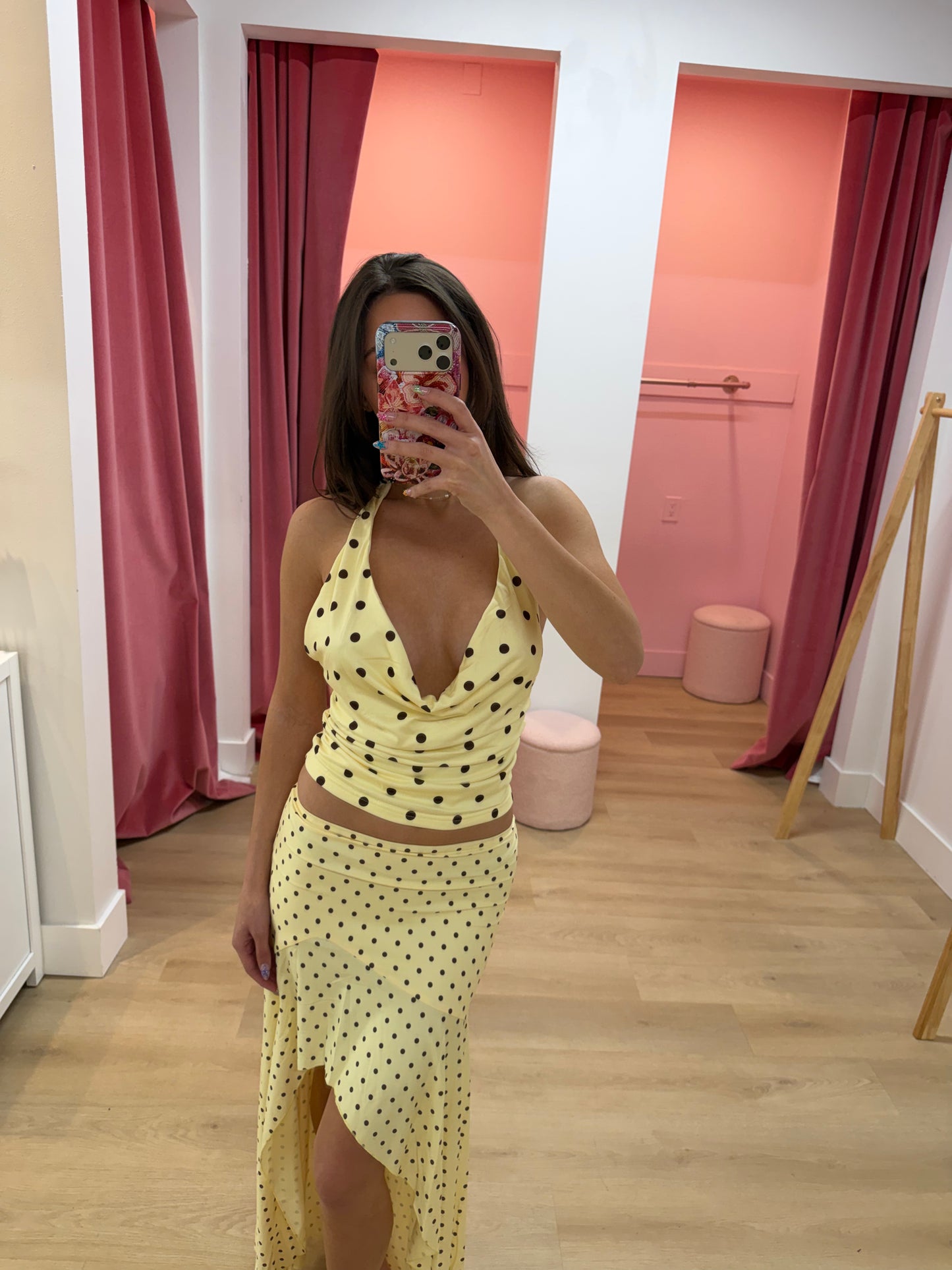 Evermore HALTER COWL TOP - LEMON/CHOC POLKA