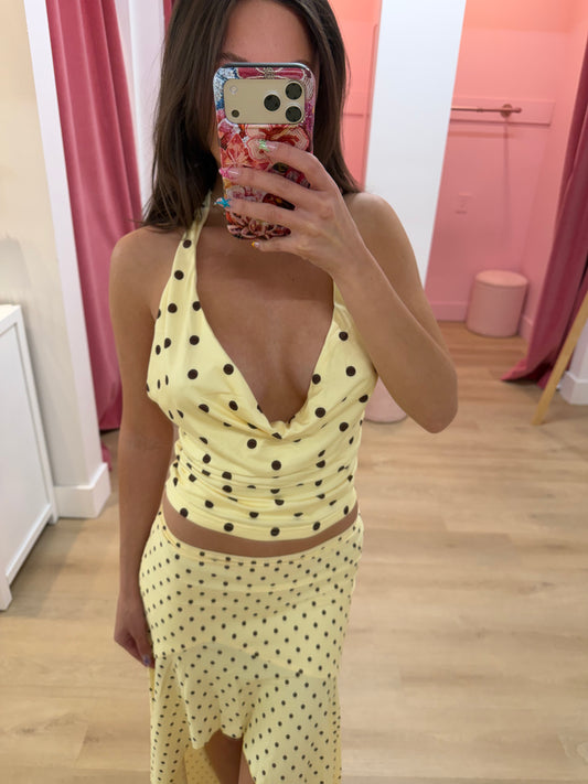 Evermore HALTER COWL TOP - LEMON/CHOC POLKA