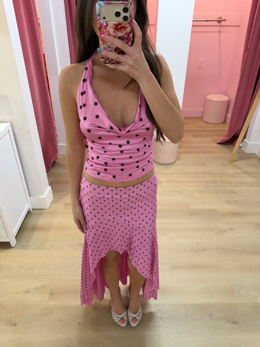 Evermore FLOUNCE MIDI SKIRT - MUSK/CHOC POLKA