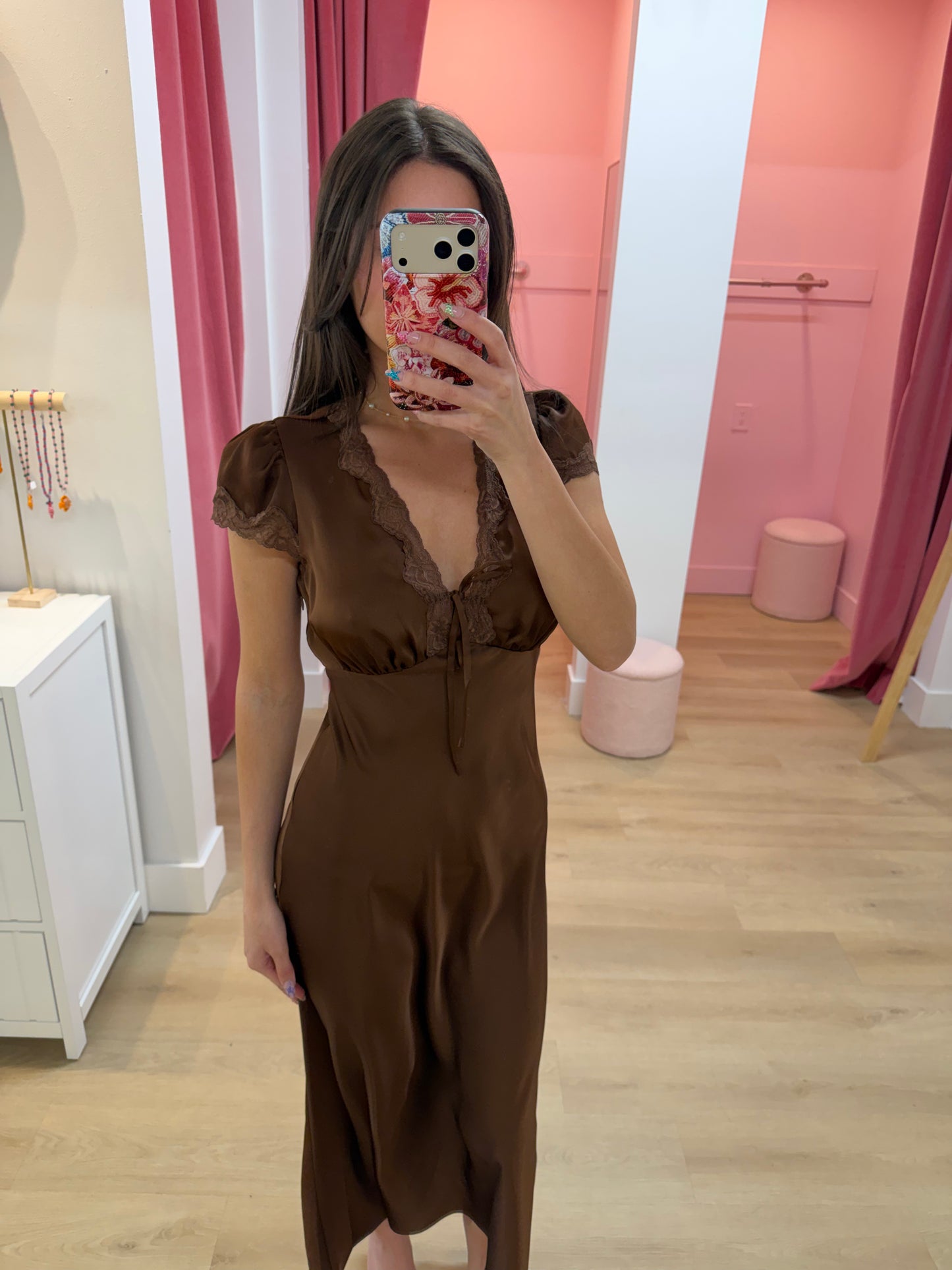 Vivi  Lace Trim Satin Midi Dress