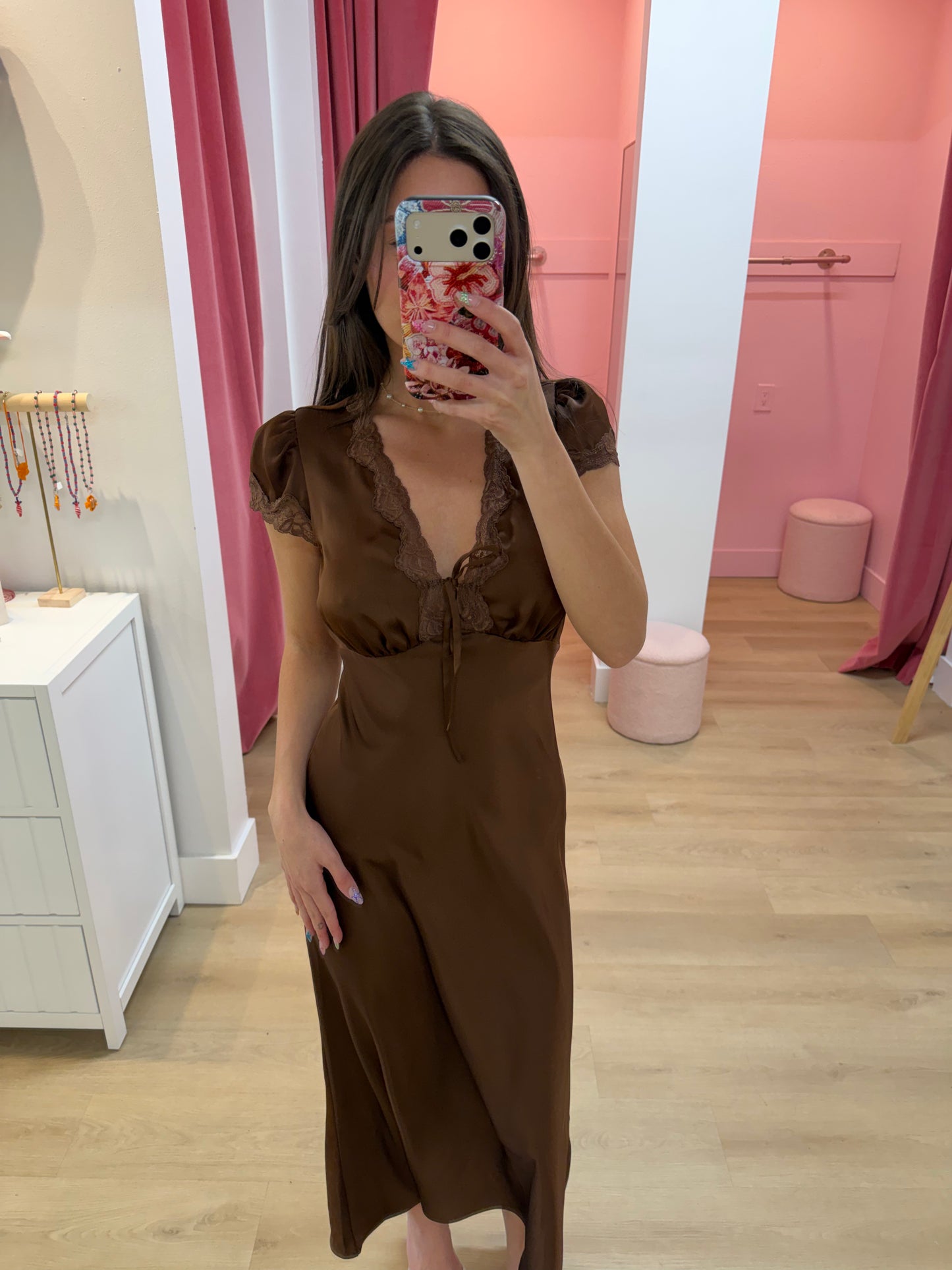 Vivi  Lace Trim Satin Midi Dress