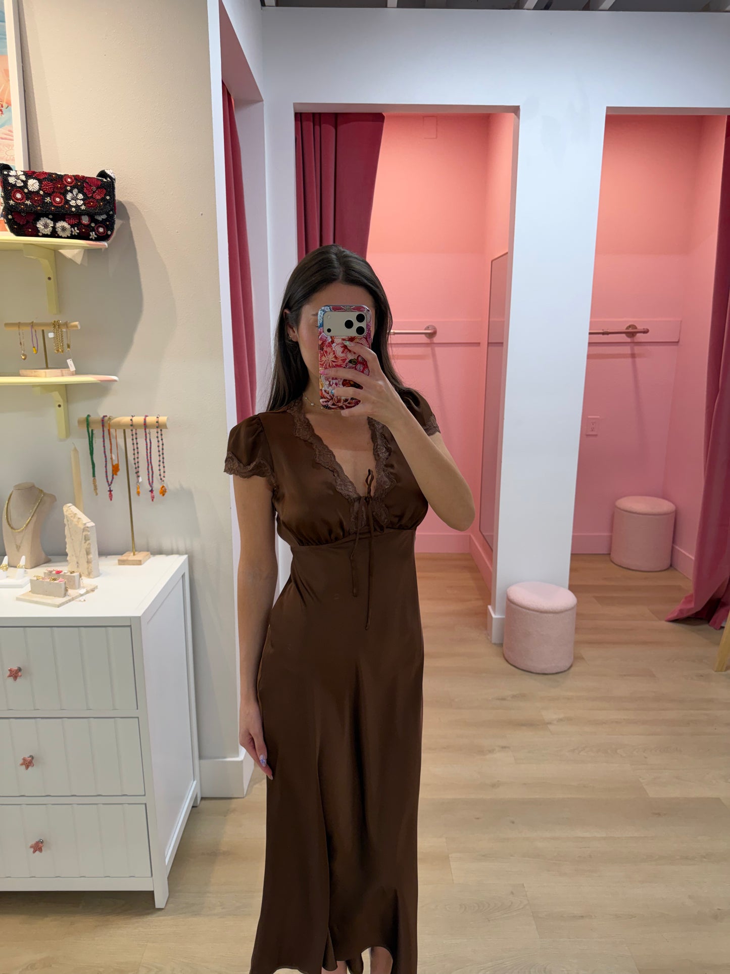 Vivi  Lace Trim Satin Midi Dress