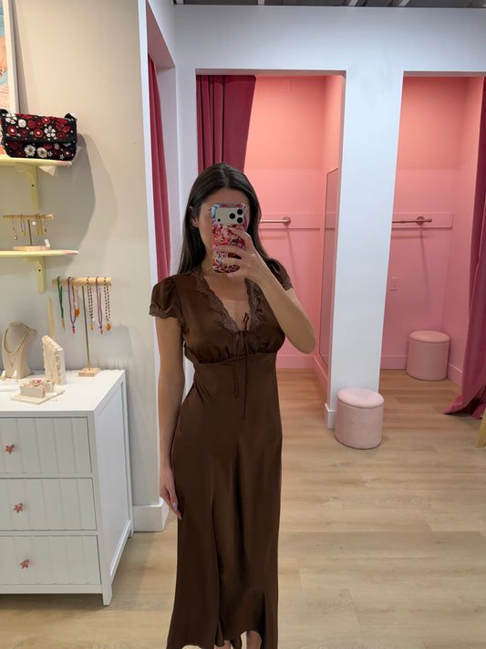 Vivi  Lace Trim Satin Midi Dress