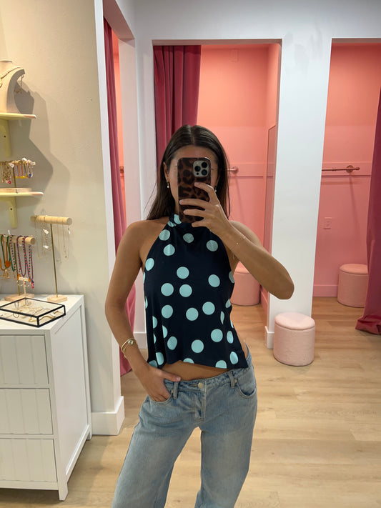 Olivia Polka Dot Halter Top - Blue