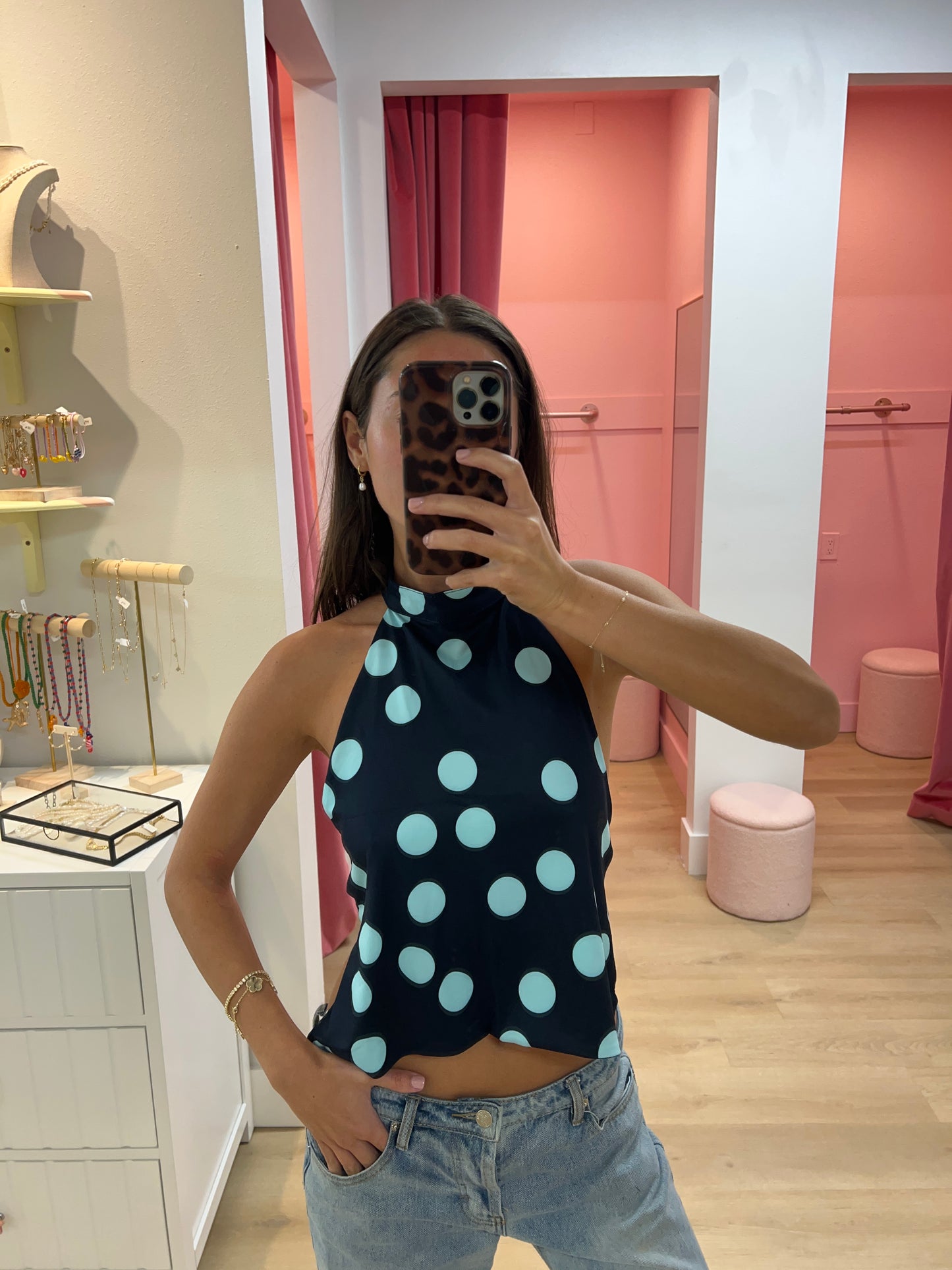 Olivia Polka Dot Halter Top - Blue