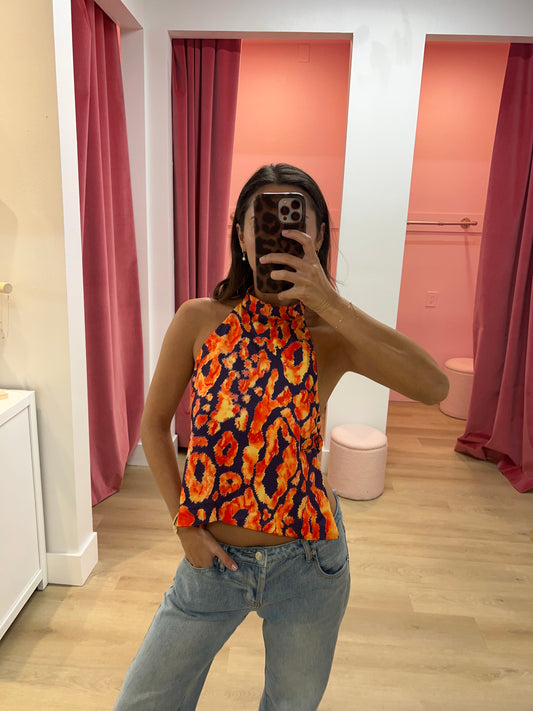 Olivia Polka Dot Halter Top - Fire