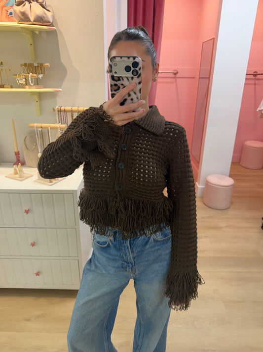Willow Fringe Knit Cardigan - Brown