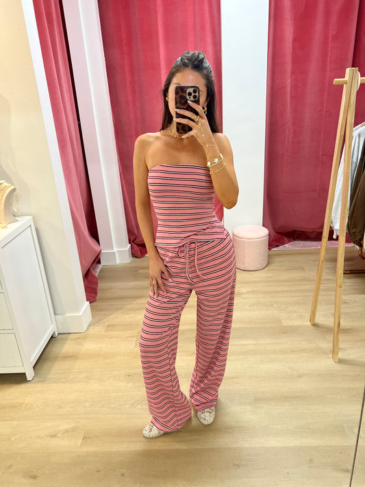 Kalani Striped Drawstring Wide Leg Pants - pink