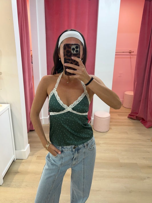 Lacey Satin Halter Top- Pine