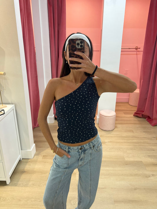 Dalia Pointelle One Shoulder Top - Navy
