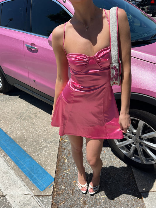 Lainey Satin Fit and Flare Dress in Magenta