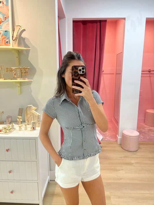 Becky Button-Up Ruffle Top in Black Gingham