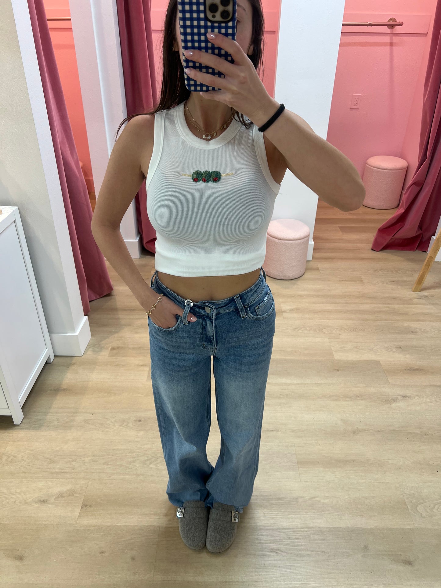 Olive Bead Embroidery Tank