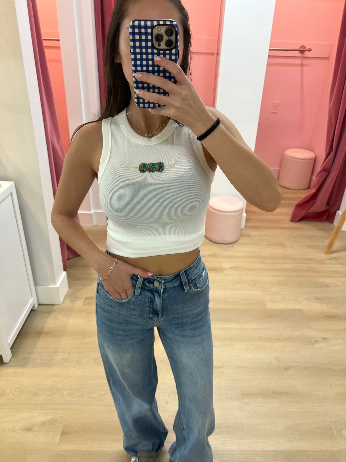 Olive Bead Embroidery Tank