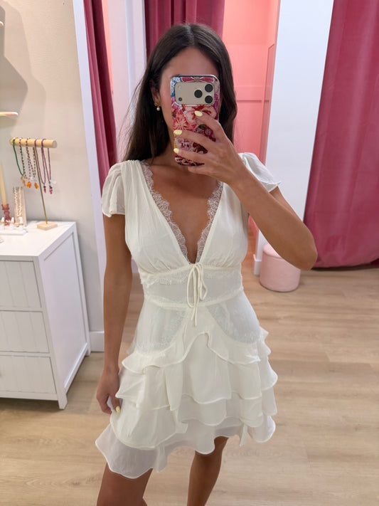 Beatrice Lace Trim Tiered Mini Dress