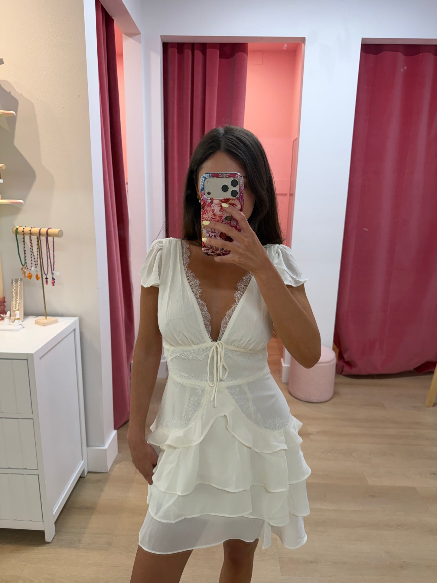Beatrice Lace Trim Tiered Mini Dress