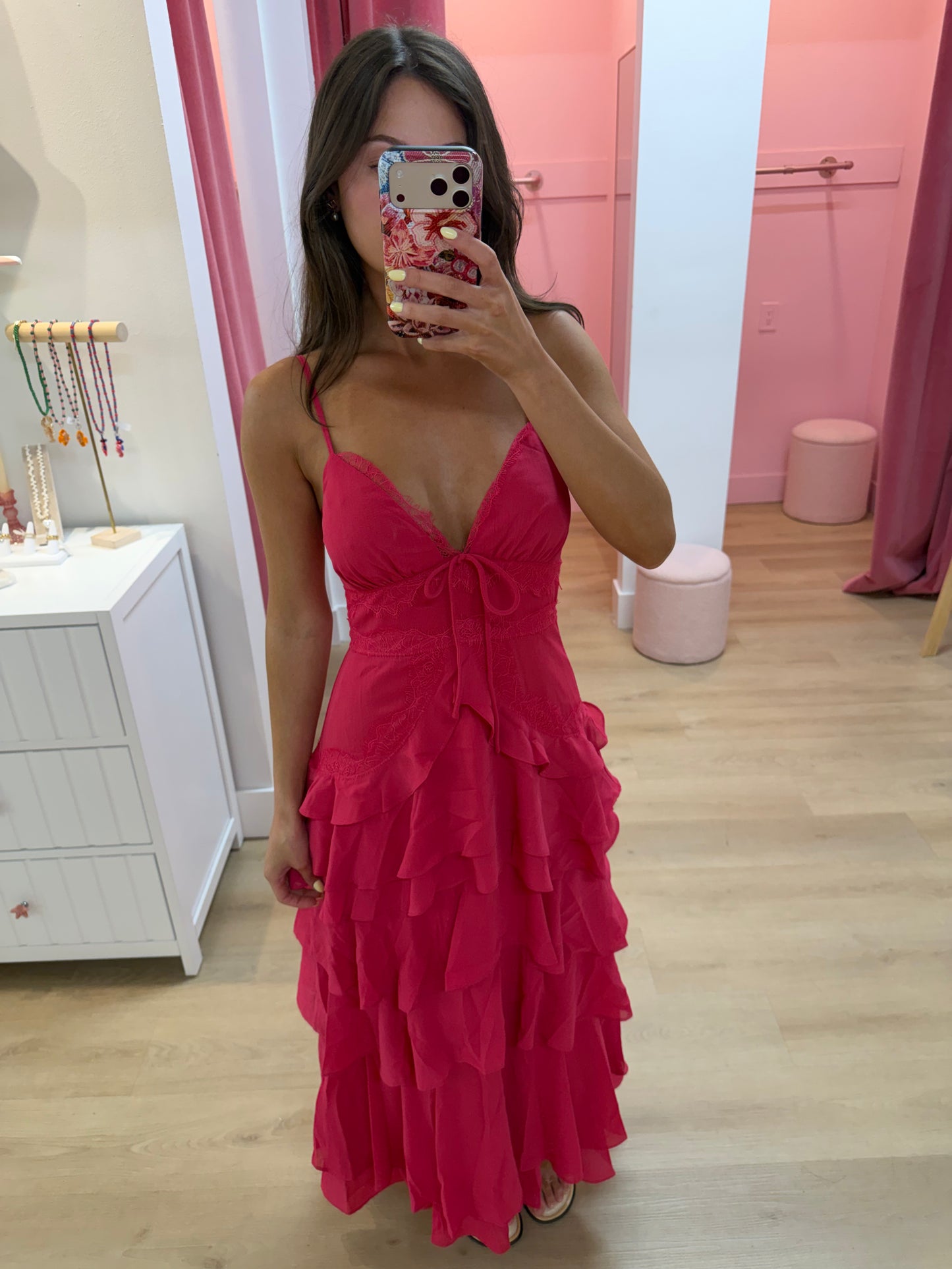 Elodie Lace Trim Tiered Midi Dress
