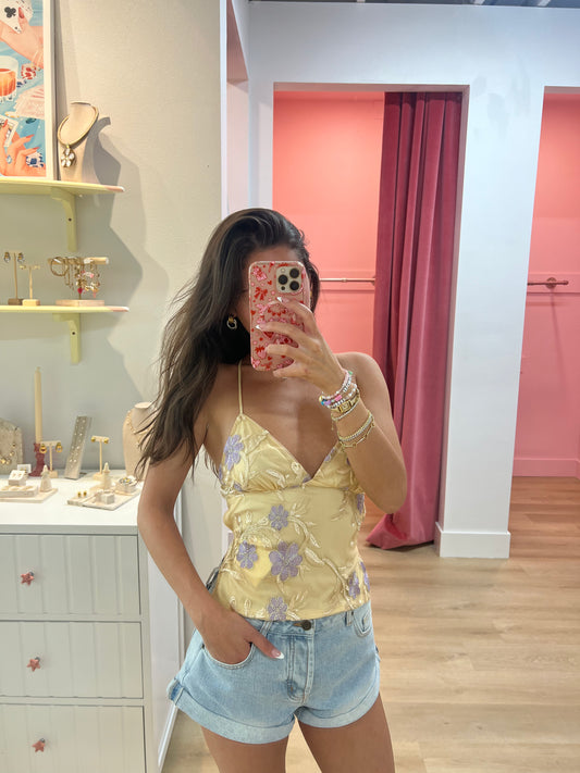 Amaya Sequin Floral Top in Champagne