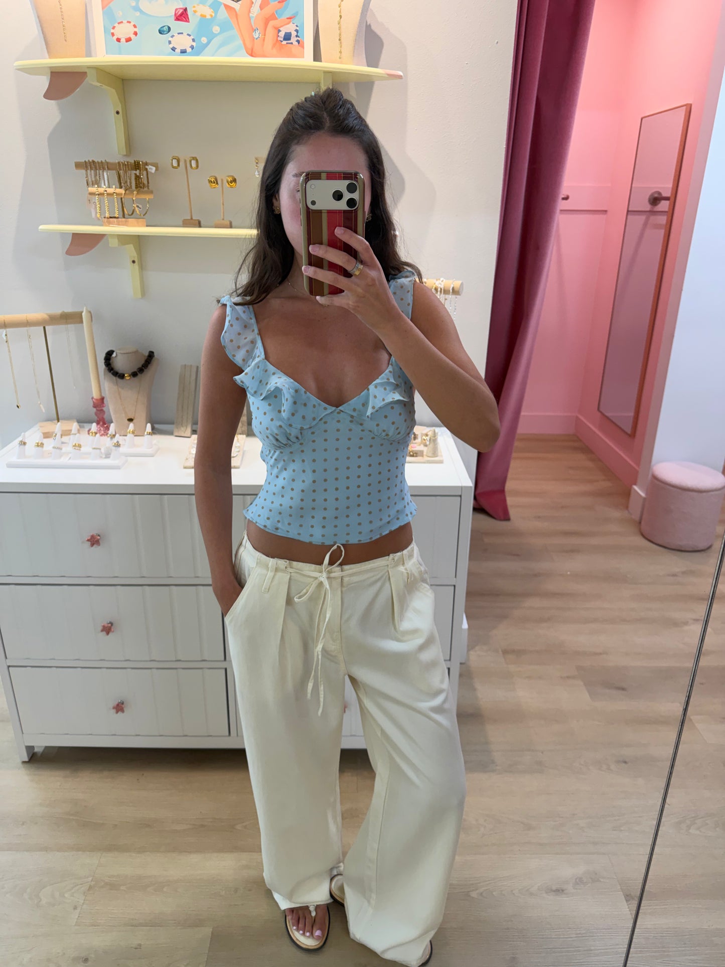 Kitty Ruffle Top - Blue Polka