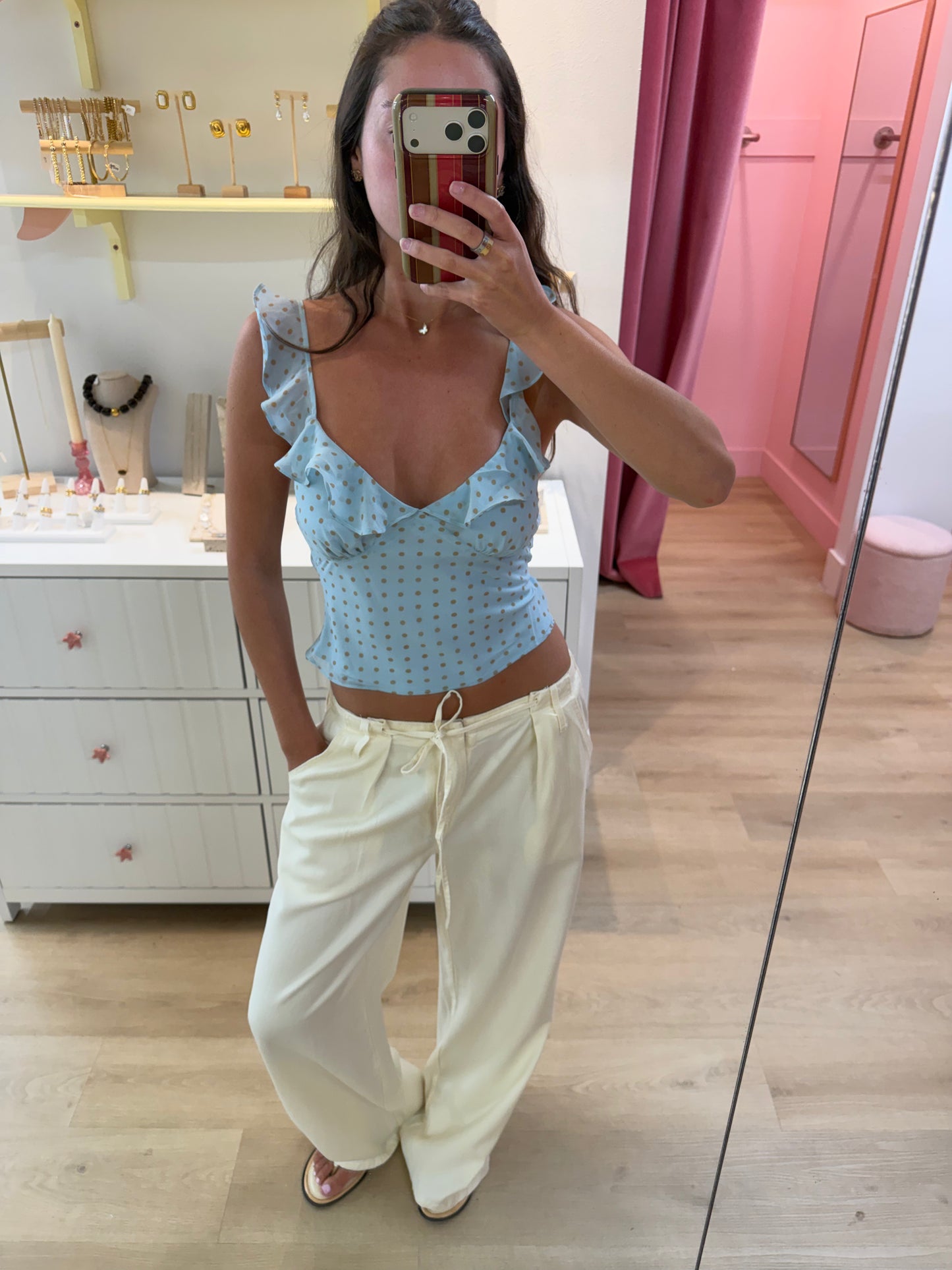 Kitty Ruffle Top - Blue Polka