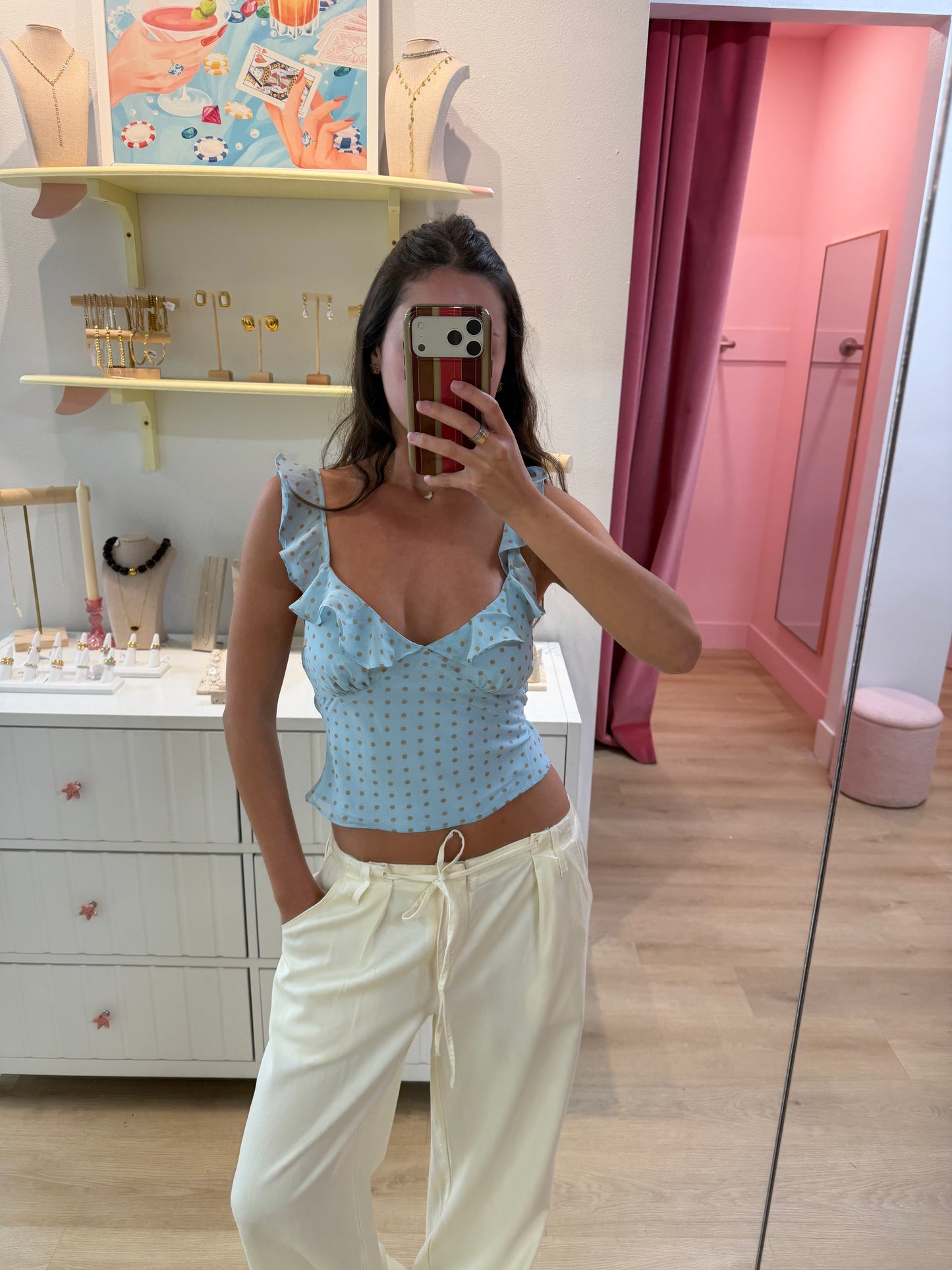 Kitty Ruffle Top - Blue Polka