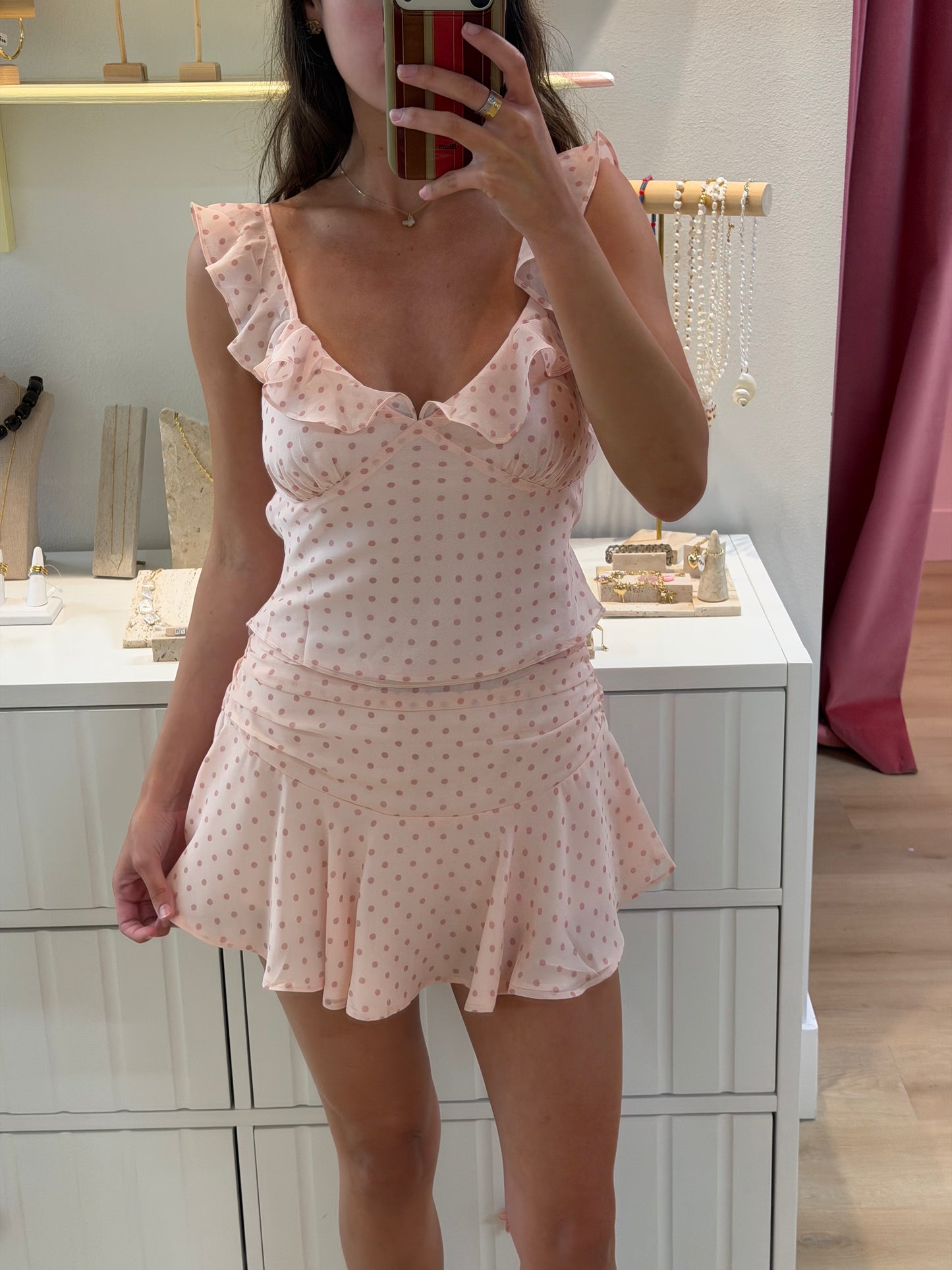 Kitty Mini Skirt - Pink Polka