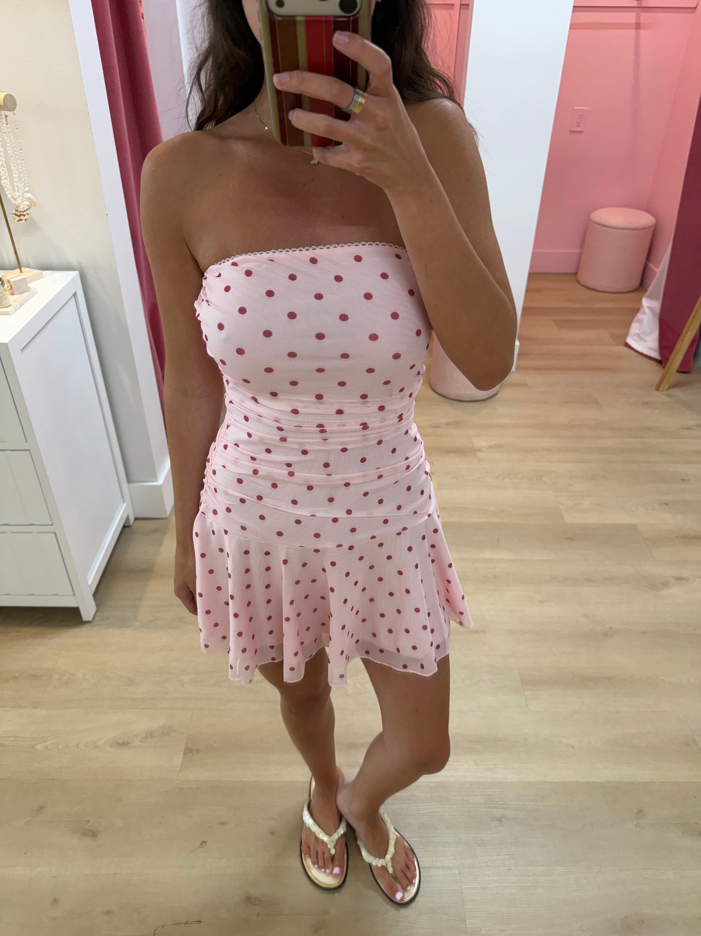 Lulu Strapless Mini Dress - Pink Polka
