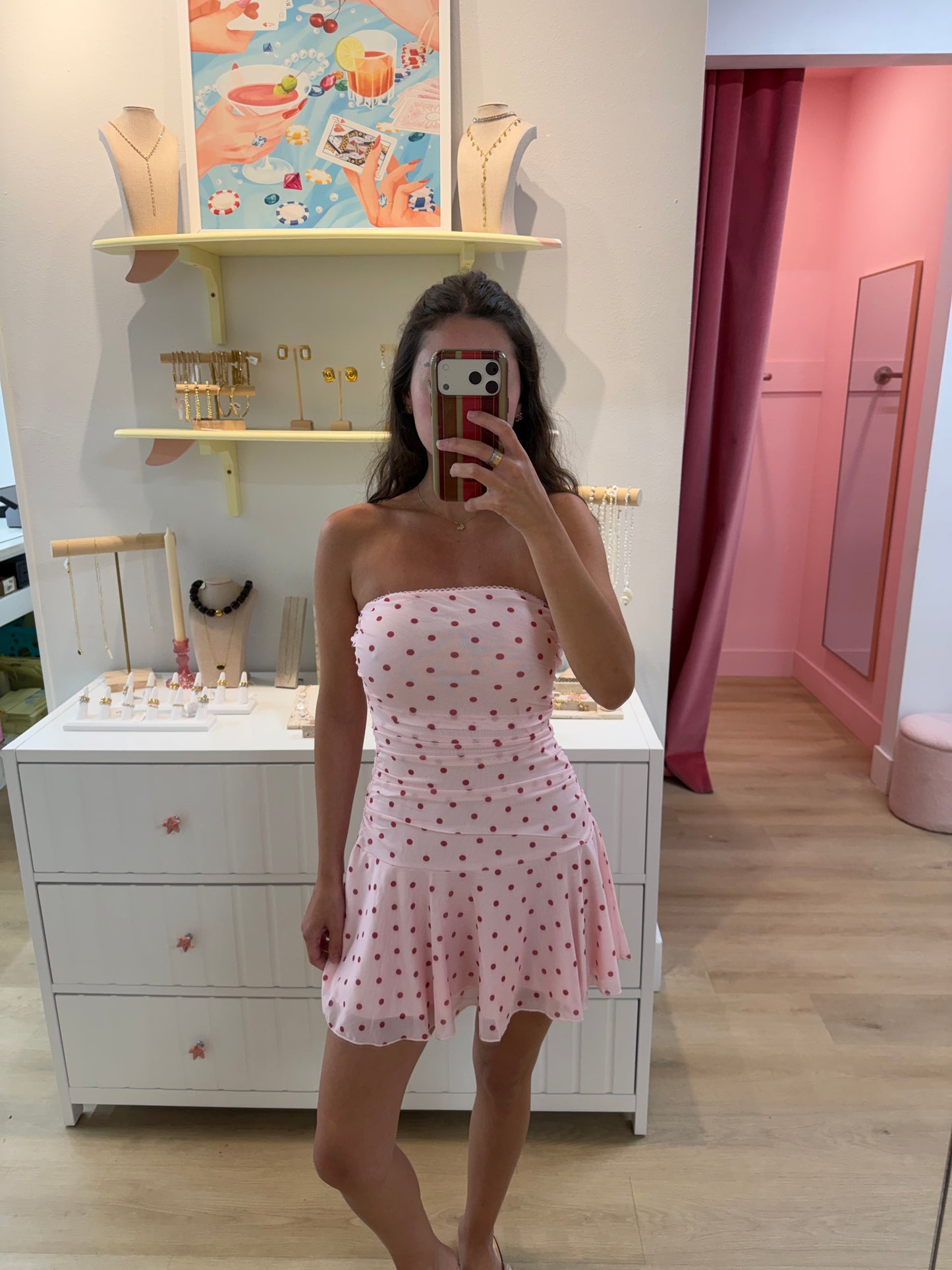 Lulu Strapless Mini Dress - Pink Polka