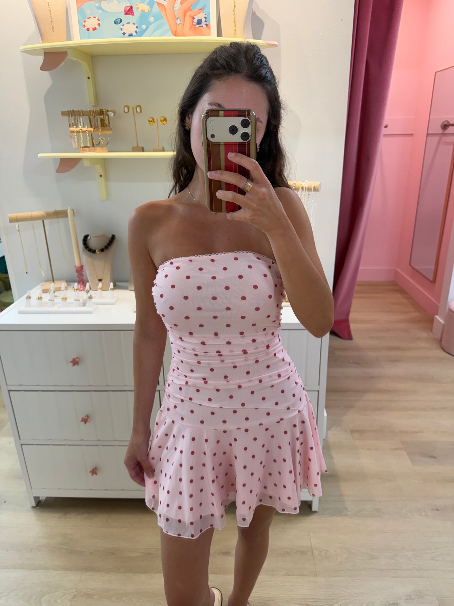 Lulu Strapless Mini Dress - Pink Polka