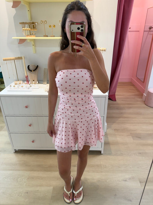 Lulu Strapless Mini Dress - Pink Polka