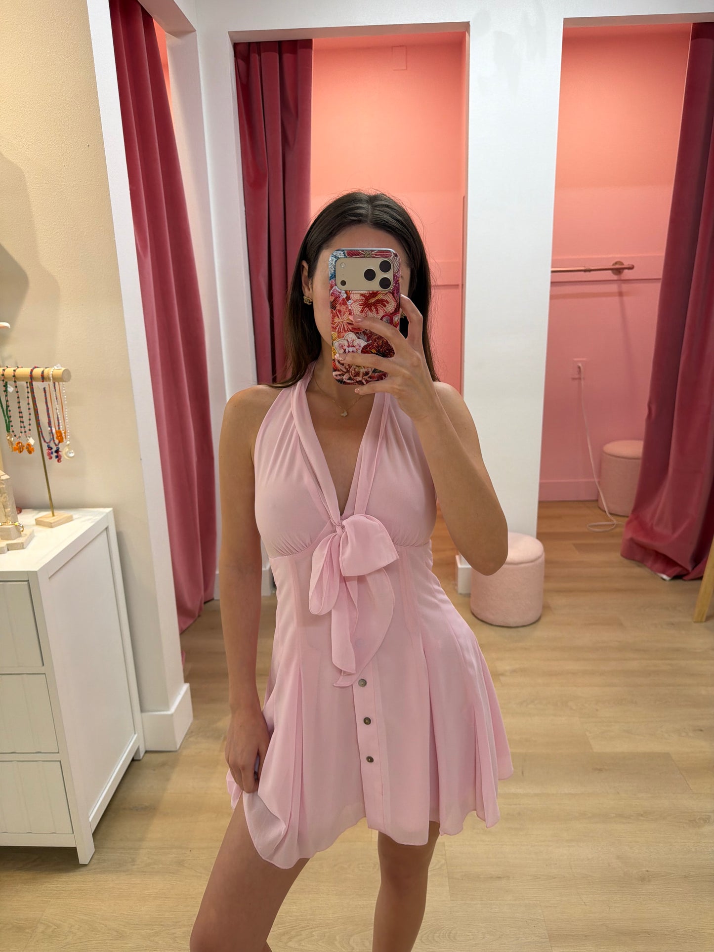 Vivi Halter Tie Mini Dress - PEONY