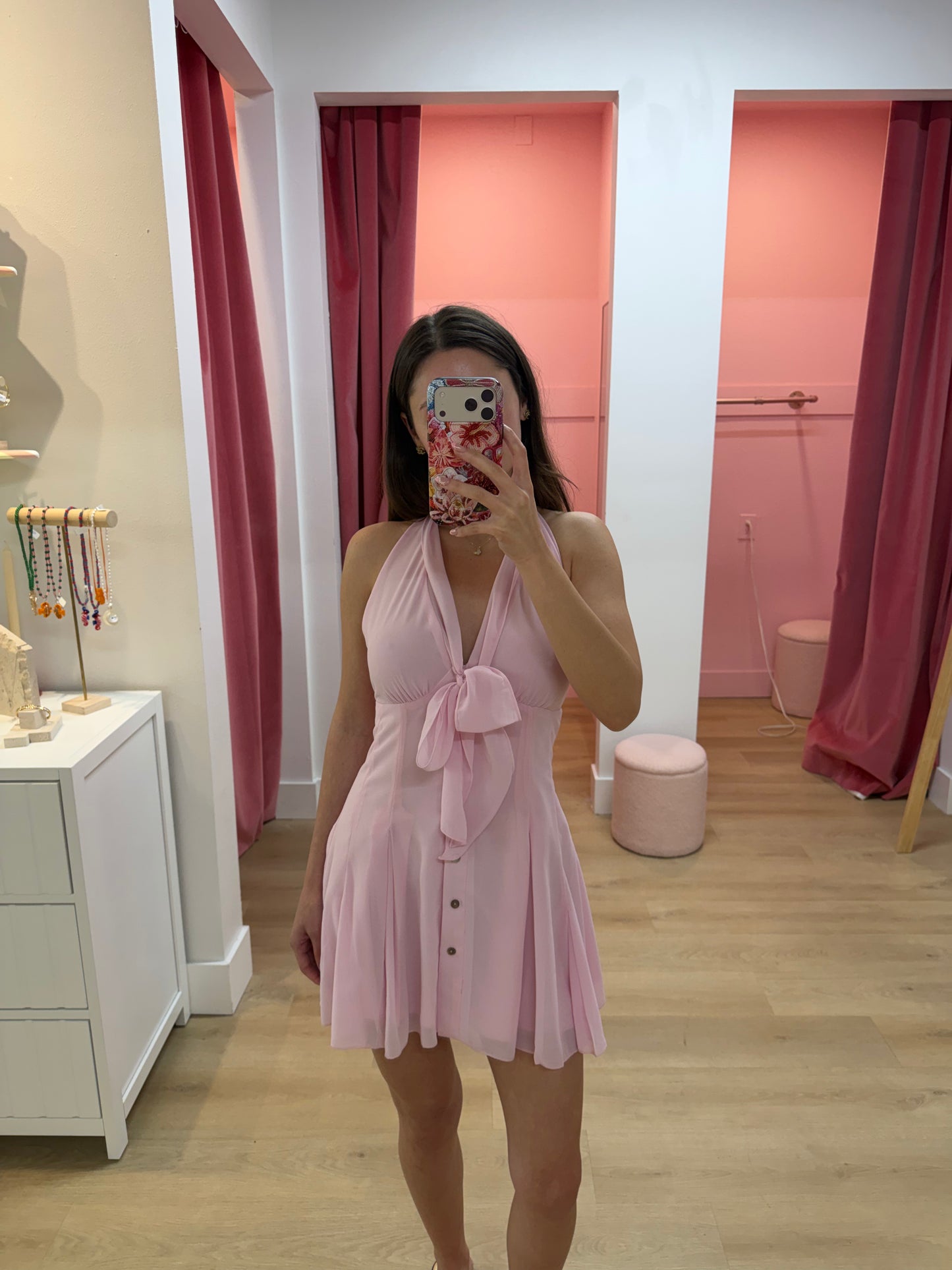 Vivi Halter Tie Mini Dress - PEONY