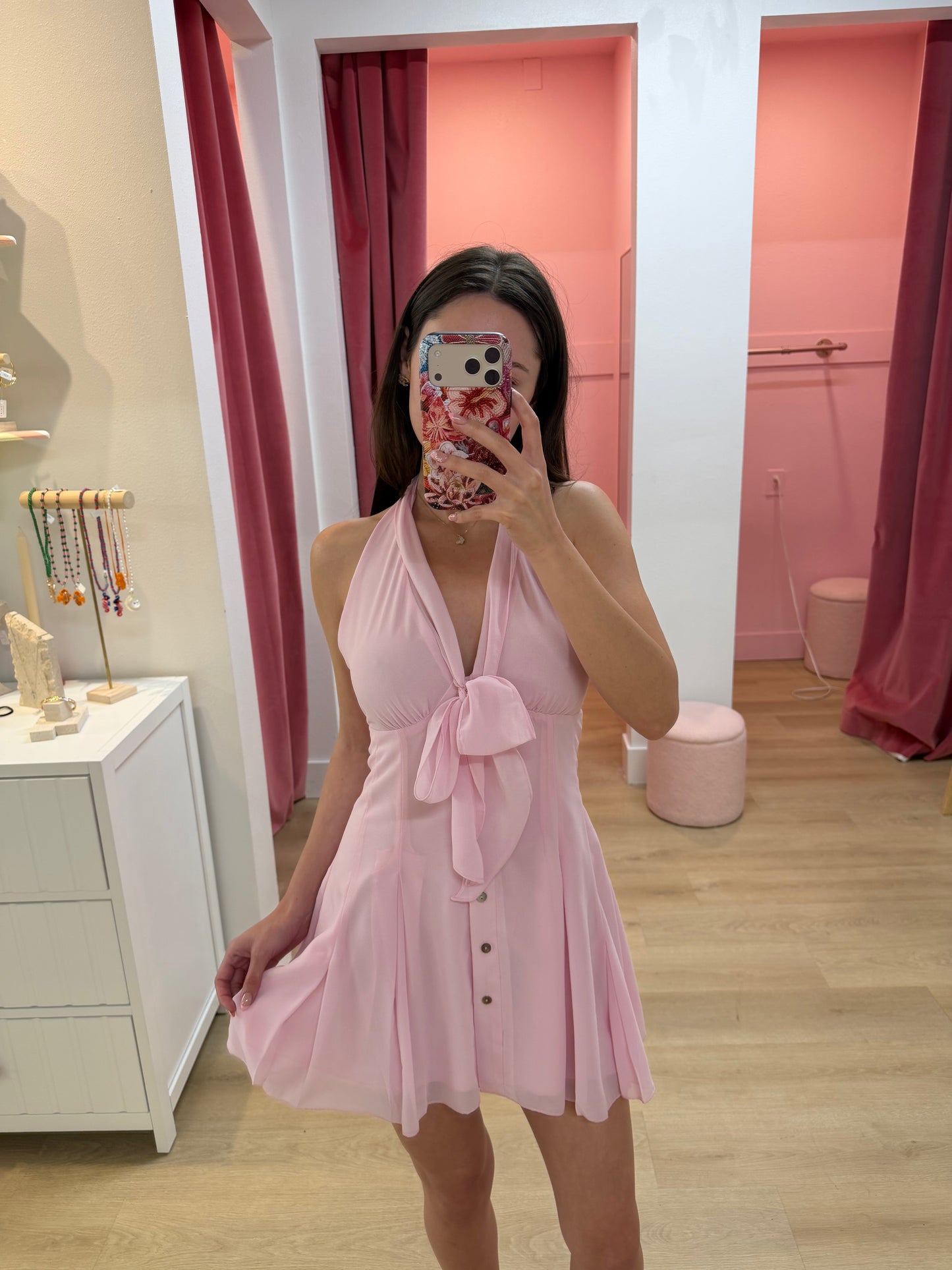 Vivi Halter Tie Mini Dress - PEONY