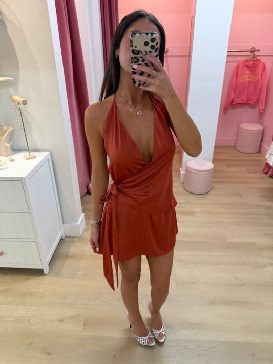 Reina Wrap Mini Dress - RUST