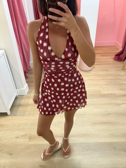 Kaylee Halter Polka Dot Mini Dress - RED DOT